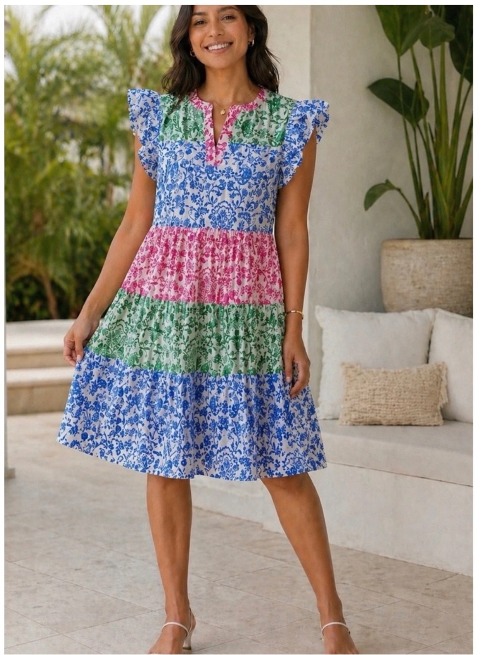 Roller Rabbit Aitona Pippa Tiered Flutter Sleeve Mini Dress Tropical Jungle Boho